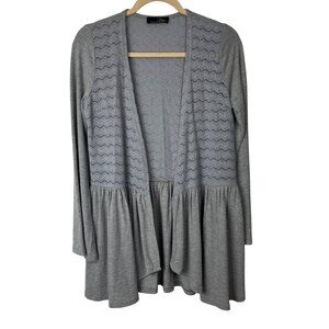 Suzanne Betro M Gray Open Front Long Sleeve Cardigan With Lace Panel & Peplum